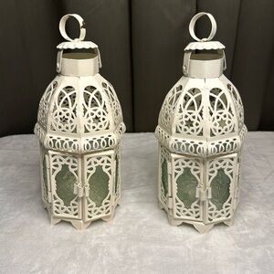 Cream metal Lattice lanterns w/pretty cutouts. 9" tall 5" across. EUC